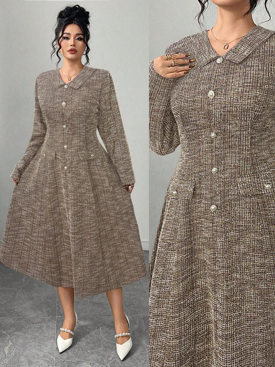 Elenzga Đầm tay dài đính nút ngọc trai cỡ lớn cho nữ, thanh lịch cho tiệc tùng, trà chiều, tiệc năm mới - màu nâu - Xem 1