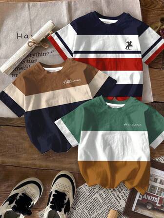 3pcs Tween Boy Casual Fashionable Classic Cool Color Block Print Short Sleeve T-Shirts, Suitable For Spring/Summer, Homewear, Outdoor, And Matching Brothers Boys T Shirts Boys Preppy Tops Little Man T Shirt Korean Boy Clothes