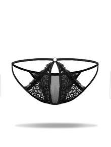 DrisQ Men's Lace Patchwork Hollow-Out Sheer Sexy G-String Underwear - Red - View 2