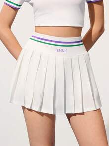 CourtClass Casual Versatile Letter Print Contrast Color High Waist Pleated Yoga Fitness Tennis Skirt Pants Skorts For Women Tennis Pickleball Skirts Women Tennis Outfits Tennis Dress Tummy Control - Multicolor - View 6