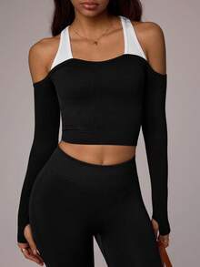 Dewbera 撞色镂空修身运动长袖T恤 - 黑色 - 查看 6