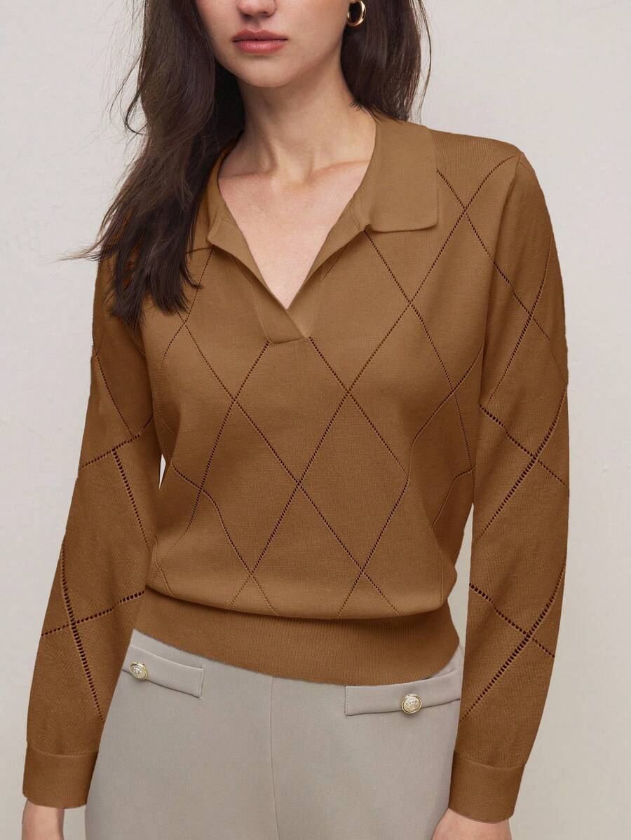BizChic 2026春夏新款棕色不对称菱形图案针织Polo领毛衣，时尚优雅，适合都市通勤、日常百搭，90年代复古风，充满圣诞新年气息，浪漫百搭，适合女性，情人节派对、海滩、毕业典礼、休闲、简约风格，也适合婚礼宾客、主人、外出、约会、派对、音乐会、舞台表演、早午餐、机场等场合。