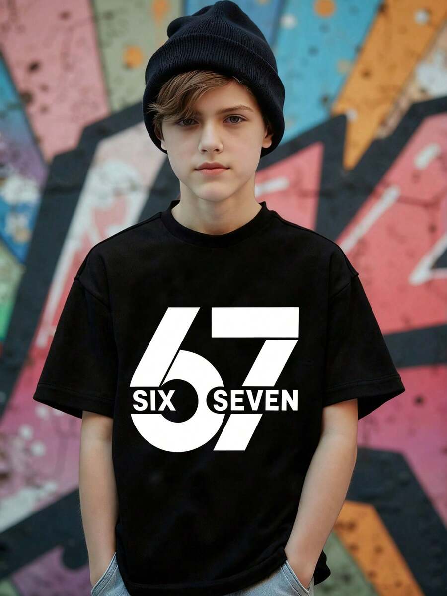 青少年男童休闲时尚趣味“67”图案印花短袖圆领T恤，适合外出穿着；黑色短袖上衣，“Six Seven”上衣，适合夏季及所有季节穿着。 - 黑色 - 查看 1