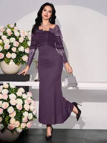 Modelyn Women's Lace Patchwork Asymmetrical Sleeve Long Dress - Purple - View 3