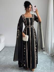 SHEIN Raffinéa 女士方领长袖连衣裙，网纱拼接袖设计，喇叭袖效果，数码定位印花T字A字廓形，适合日常、派对、度假、中东风格等场合。 - 彩色 - 查看 6