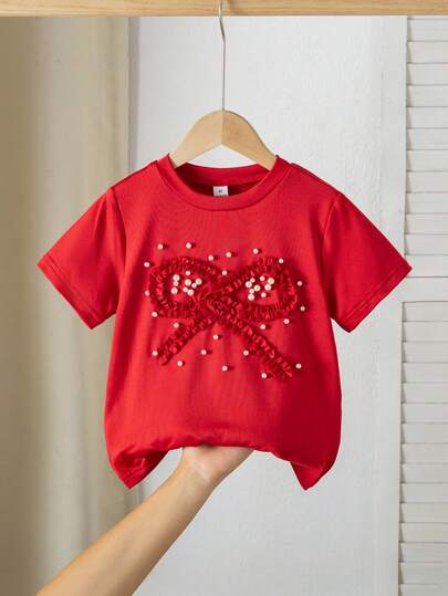 Genkimix Kids Camiseta casual con decoración de lazo 3D y cuentas elegante y linda para niña joven