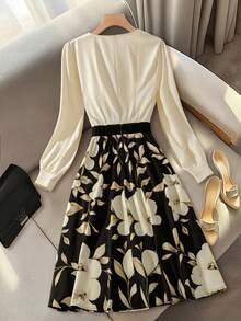 GlowEve CURVE Vestido elegante con cuello en pico, estampado floral y parches para mujer de talla grande - Albaricoque - Ver 2