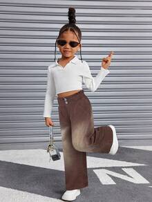 SHEIN Young Girls New Vacation Sunflower Ruffle Elastic Waist Soft Washed Relaxed Casual Fashion Jeans - Brown - View 7