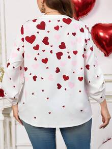 EMERY ROSE Plus Size Women's Spring Vacation Casual Round Neck Half Zip Front Heart Print Casual Rolled Sleeve Long Sleeve White Blouse,Early Spring/Valentine's Day, Spring Break,Holiday,Going Out,2026 New,Simple And Fashionable For Everyday Wear,Everyday,Summer - Multicolor - View 5