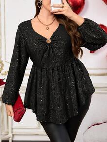 EMERY ROSE Große Größen Damen Valentinstag Gold Folie Allover-Muster Schlüsselloch-Ausschnitt Laternärmel Babydoll Top, geeignet für Frühling und Herbst, Ausgehen, 2025 Neu, einfach und modisch für den Alltag, Große Größen Winter, bequem und atmungsaktiv, Weihnachten für Damen, Neujahr, geeignet für verschiedene Anlässe, Weihnachten, Dates für Damen, Nachtparty, elegante Party, Dates für Damen, Thanksgiving für Damen, geeignet für den Valentinstag - Schwarz - Übersicht 3