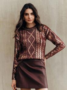 Anewsta Burgunderroter metallisch folierter strukturierter locker gestrickter Rundhals-Pullover für Frauen, eleganter Vintage-Pullover für Party, Club, Herbst, Winter, Frühling, Neujahr - Rot - Übersicht 5