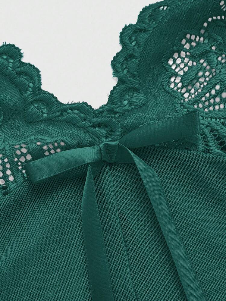 ROMWE J-Fashion Y2K Avant-Garde Lace Mesh Patchwork Bow Sexy Sheer Dress Set - Army Green - View 3