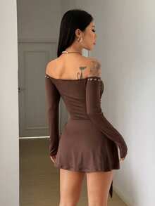 StreetHx Women's Fashionable Brown Eyelet Decor Off Shoulder Dress - Coffee Brown - View 2