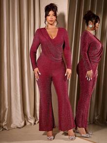 Cravure Plus Size Women V-Neck Ruched Long Sleeve Fitted Shiny Elegant Jumpsuit For Party - Burgundy - View 7