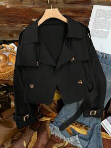 SHEIN EZwear Áo khoác trench coat đen cắt ngắn phong cách cổ điển cỡ lớn có cổ - màu đen - Xem 5