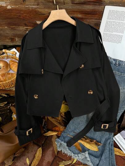 Comfortcana Trench scurt negru, stil vintage, mărime plus, cu guler