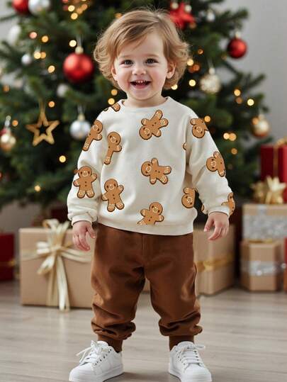 SHEIN 男婴休闲时尚温暖舒适经典圣诞节，卡通图案，圣诞树图案，可爱风格，圣诞鹿，圣诞图案宽松圆领针织柔软套头休闲套装适合秋冬季