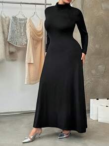 SHEIN EZwear 大码黑色高领长款休闲连衣裙，适合约会、外出和通勤，秋冬季百搭之选 - 黑色 - 查看 5