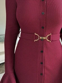 Easowa Sukienka damska w jednolitym kolorze z prążkowanym pasem - Burgund - Zobacz 8