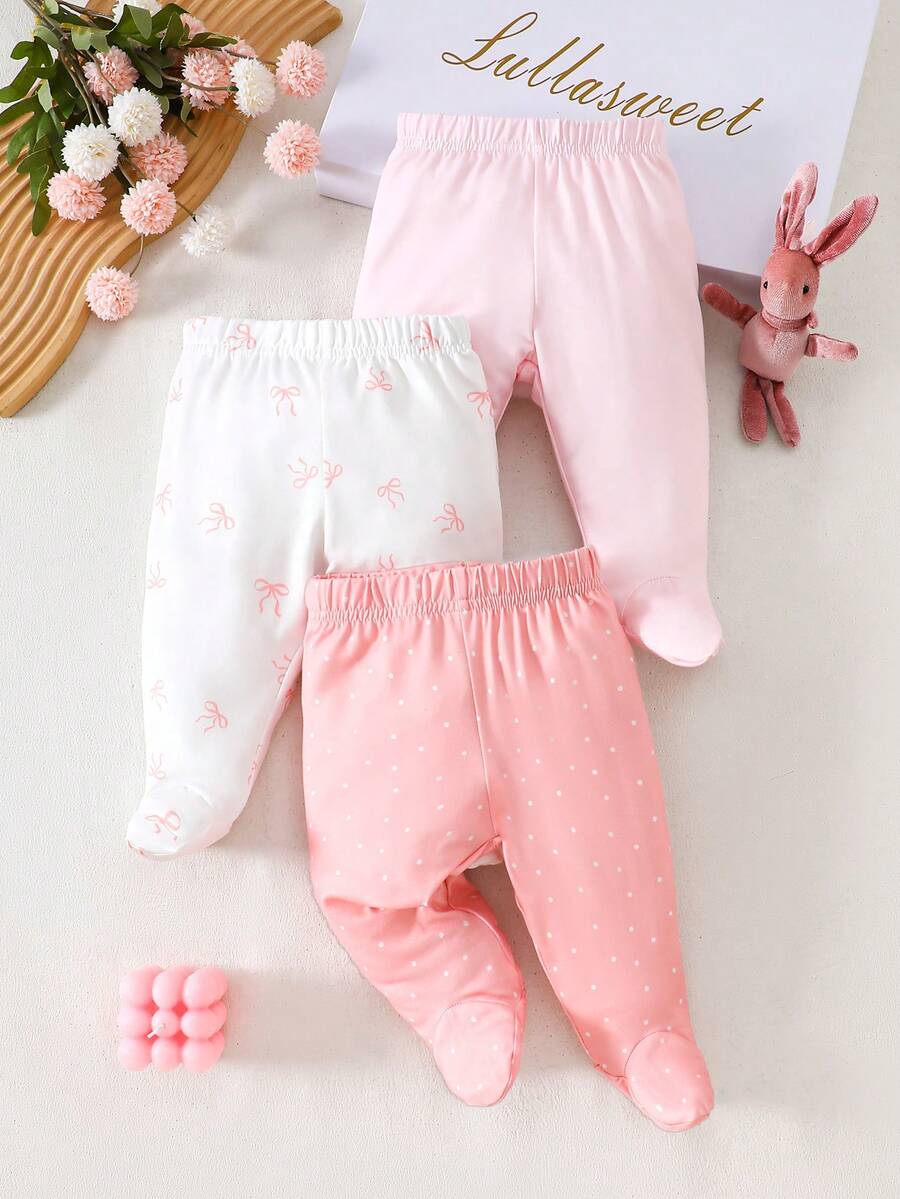 SHEIN 3件装新生儿连体裤，亲肤材质，连体设计防寒，白色蝴蝶结，粉色波点，包含深粉色、浅粉色和白色。 - 彩色 - 查看 1