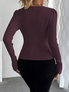 EMERY ROSE French Lace Patchwork V-Neck Fitted Puff Sleeve Knit Sweater With Pearl Decor, Long Sleeve - Chocolate Brown - View 2