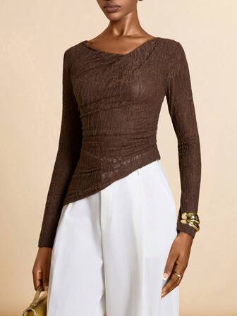 SHEIN Veneréa Asymmetric Collar Pleated Elegant Women Long Sleeve T-Shirt, Coffee Brown Textured Fabric