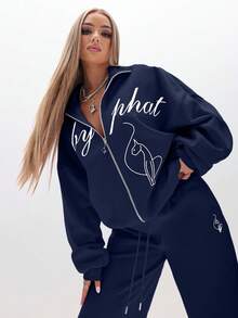 BABYPHAT Oversized Zip Up Sweatshirt With Script Print And Figure Design Fall Winter Casual Loungewear Sweatshirt - Navy Blue - View 8