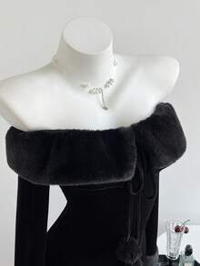 Elamini Đầm ôm sát tay dài trễ vai bằng lông giả màu trắng, thanh lịch và dễ thương cho tiệc Giáng sinh, hẹn hò, mặc hàng ngày - màu đen - Xem 3
