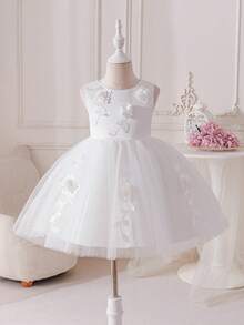 Glamorique Kids Mädchen Weiß 3D Blumen ärmelloses Tüll Volant Kleid, elegantes Blumenmädchen Hochzeitsgast Party Kleid