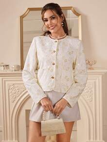 SHEIN Amorya 女士春季新款优雅蕾丝金属扣口袋外套，适合日常穿着，白色连衣裙，Réveillon 亮片上衣，新年春假情人节女士白色，适合新年夜假期女士春季春假 - 白色 - 查看 7