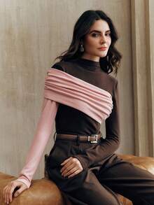 Anewsta Áo thun nữ cổ cao tay dài phối màu thời trang thanh lịch, sành điệu thu/đông - Hồng - Xem 5