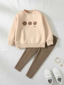 Maija Kids Áo len cổ tròn thêu hoa trơn màu cho bé gái và quần legging co giãn trang phục thường ngày - Cà phê nâu - Xem 5