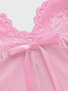 ROMWE J-Fashion Y2K Avantgarde Spitze Mesh Patchwork Schleife Sexy transparentes Kleid Set - Altrosa - Übersicht 3