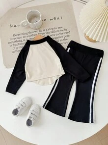 SHEIN 2pcs Baby Girl Colorblock Casual Polo Collar Long Sleeve T-Shirt And Elastic Waist Pants Set - Black and White - View 2