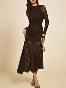 Poéselle Vestido largo ajustado de manga larga y plisado de unicolor minimalista para mujeres - Marrón Chocolate - Ver 7