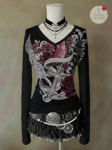 Attitoon Casual Retro Punk Style Faux Rhinestone Red Heart Rose Cross Graphic V-Neck Slim Fit Long Sleeve T-Shirt, Versatile For Airport , Vintage, Sexy, Cute, Y2K, Coconut Girl, Boho, Hippie Style, Music Festival, Graphic Tee Spring - White - View 6