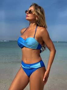 Swim Lushoire 2pcs Women Ombre Criss-Cross Triangle Bikini Set, Beach Vacation Casual Swimwear, Summer - Blue - View 8