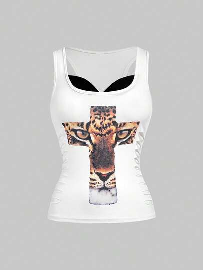 J-Fashion Gyaru Y2K 2 In 1 Shibuya Gal Tiger Leopard Cross Print Women Tank Top
