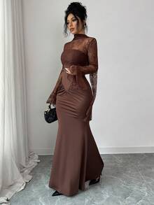SHEIN Elenzya New Solid Color Sexy Lace Patchwork Halter Mermaid Maxi Dress, Ruched Waist, Long Ruffle Sleeve, Front Center Fish Bone Line Divider, Halter Long Trailing, Suitable For Party, Halloween, Christmas, Holiday Events, Date, Valentine's Day - Brown - View 7