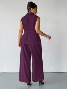 SHEIN Frenchy Bộ đồ liền thân màu nâu cỡ lớn cho nữ, áo khoác không tay cổ bẻ, thắt lưng và quần dài, đồ đi làm thường ngày 2 món, bộ đồ liền thân màu nâu cỡ lớn cho nữ, bộ đồ liền thân trang trọng màu nâu 2 món cho nữ, bộ đồ bà bầu sang trọng, bộ đồ 2 mảnh, quần áo thu đông cho nữ - Màu tím - Xem 6