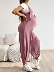 SHEIN Maternity Casual Versatile Combo Jumpsuit With Lettering - Summer Clothing, Maternity Jumpsuit, Maternity Wear - Pink Maternity Rompers Pregnancy Clothes Cotton Maternity Clothes Maternity Overalls Post Partum Clothes