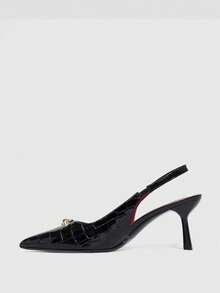 CUCCOO BIZCHIC Women's Pointed Toe Stiletto Heel Backless Pumps With Sexy Metal Buckle, Red Lining Spring Shoes - Black - View 4