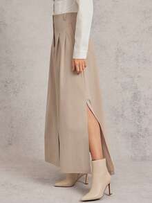 L'Amorae 女士中长款开衩宽裙 商务休闲办公室复古款 - 卡其色 - 查看 3