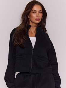 MUSERA High Neck Zip Through Cropped Long Sleeve Sweatshirt Cute Going Out Daily Spring Summer Casual - Black - View 2