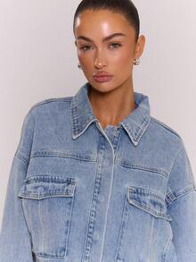 MUSERA Boxy Drop Shoulder Patch Pocket Dark Wash Denim Jacket Only Autumn Fall Winter Night Out Going Out Streetwear Cute Spring Y2k Summer - Baby Blue - View 2