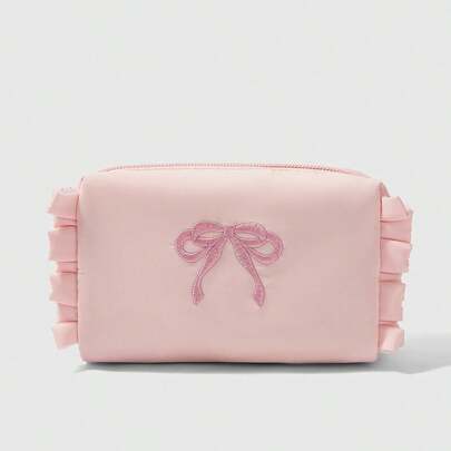 Kawaii Bolsa de cosméticos rosa linda con bordado de lazo