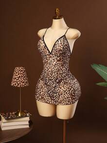 SHEIN 两件套加大码豹纹露背性感睡衣和内裤套装 - 咖啡棕 - 查看 7