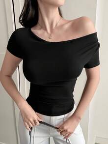 DAZY Women's Sexy Slim Fit Asymmetrical Shoulder Short Sleeve Casual Undershirt, Summer - Black - View 5