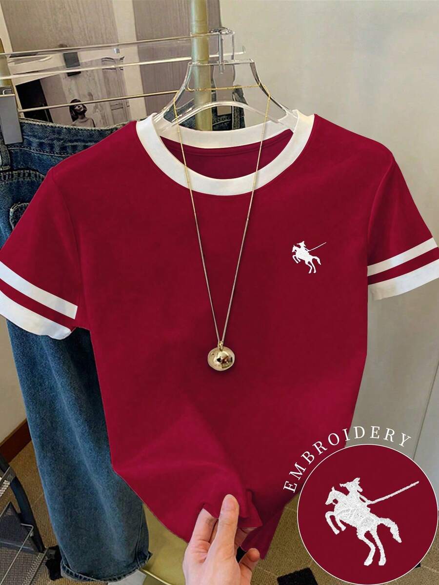 Resyla 女款T恤/保罗图案印花/刺绣工艺/女士宽松休闲撞色圆领T恤上衣/春夏 - 彩色 - 查看 1