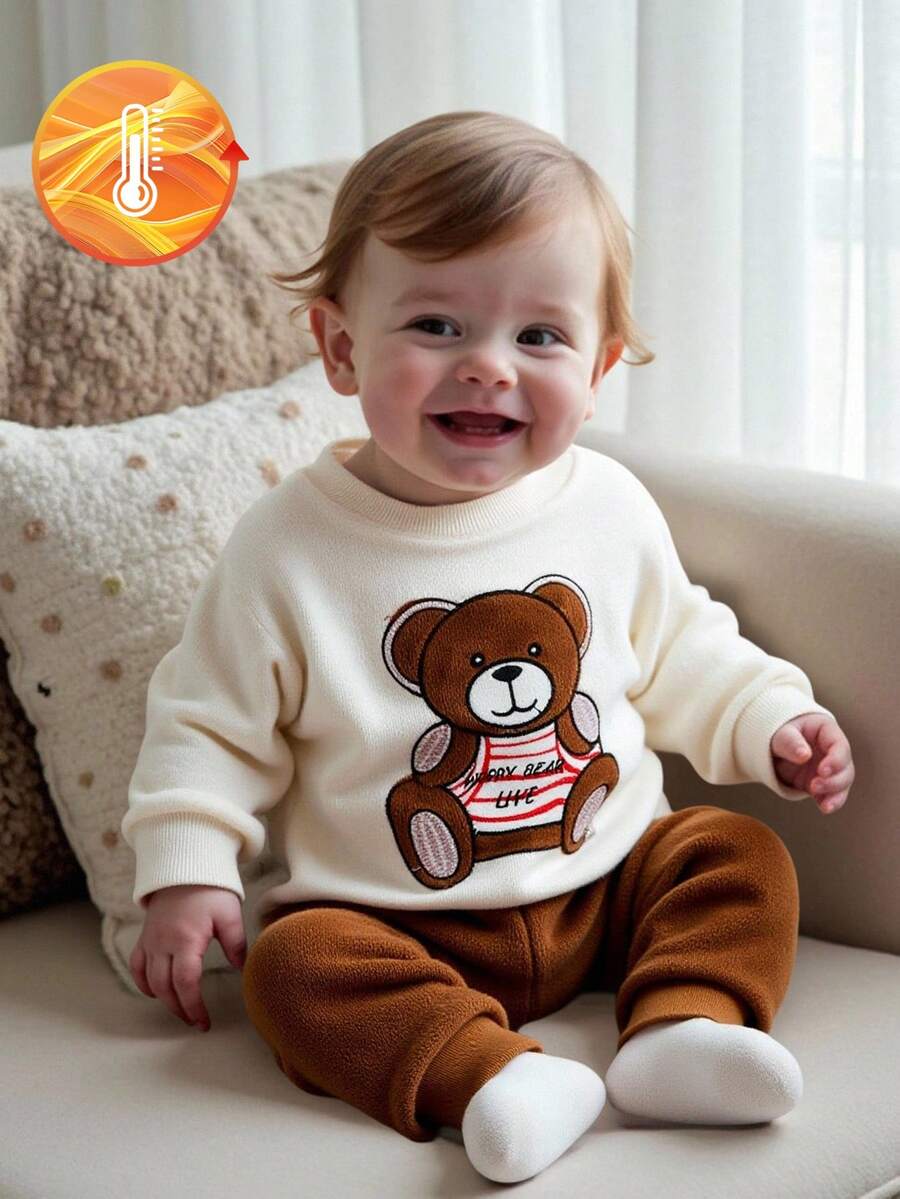 SHEIN 2pcs Baby Boy Autumn/Winter Colorblock Cute Cartoon Bear Plush Fabric Loose Top + Colorblock Loose Pants Sweatsuit Set - Brown - View 1